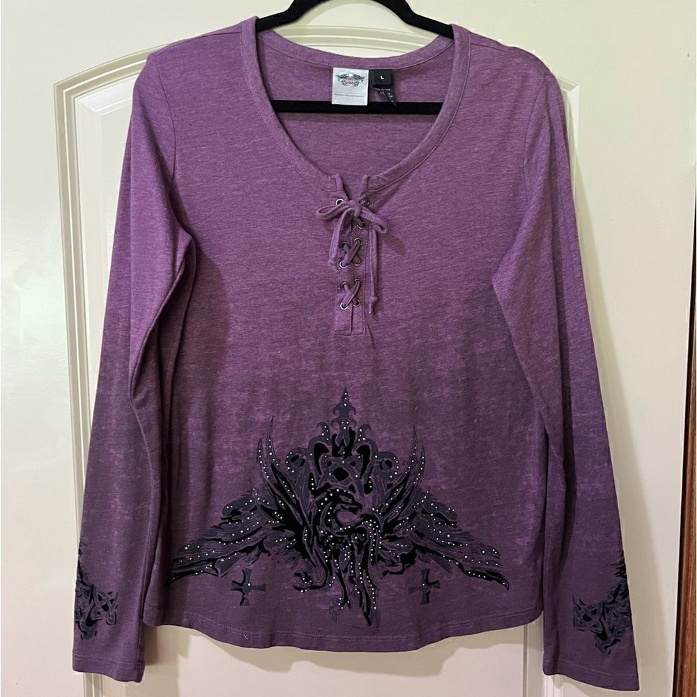 HARLEY DAVIDSON Long Sleeve Lace Up Top Purple Black Women’s Size Large